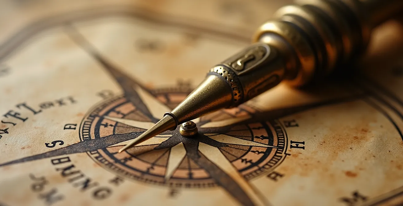 Macro détail d'une boussole en laiton vintage sur une carte ancienne, symbolisant la clarté et l'orientation personnelle