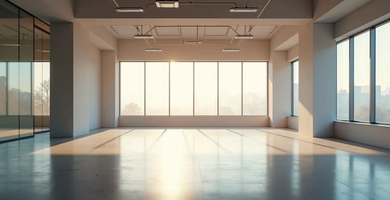 Intérieur épuré d'une salle de sport moderne au lever du jour, lumière naturelle douce par grandes fenêtres, lignes architecturales épurées et espace vide