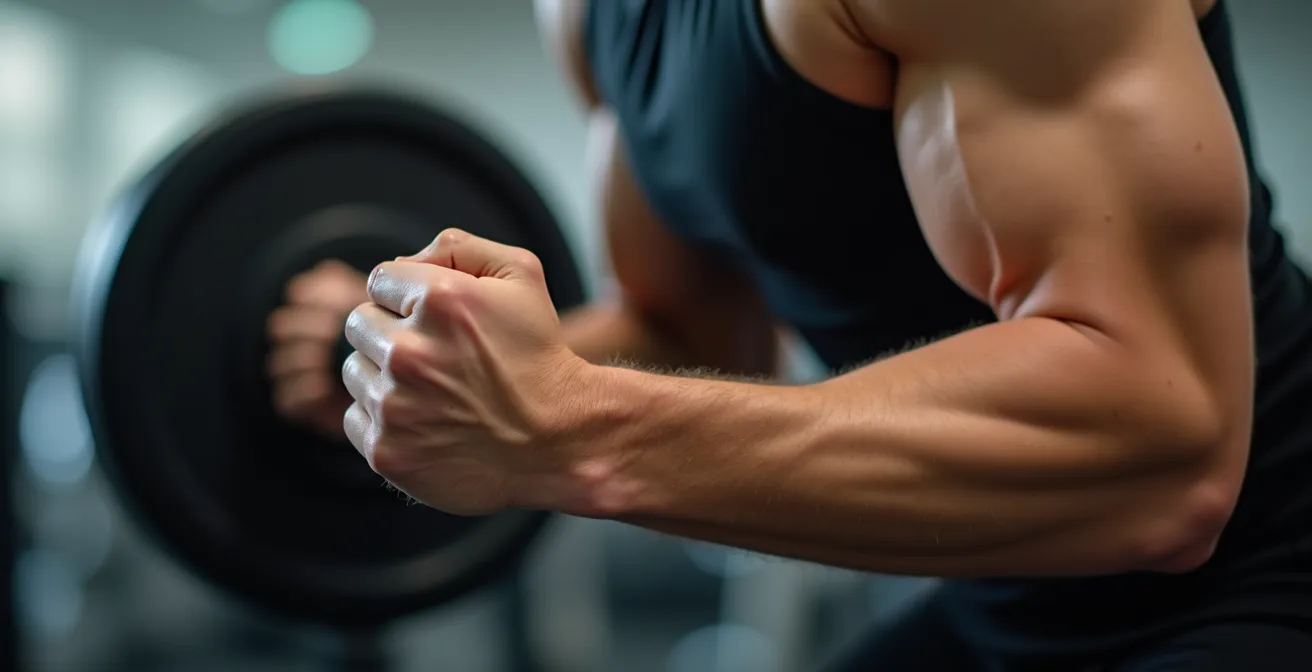 Mains d'une personne effectuant un mouvement de musculation intense avec détail des muscles engagés et sueur, montrant l'effort physiologique