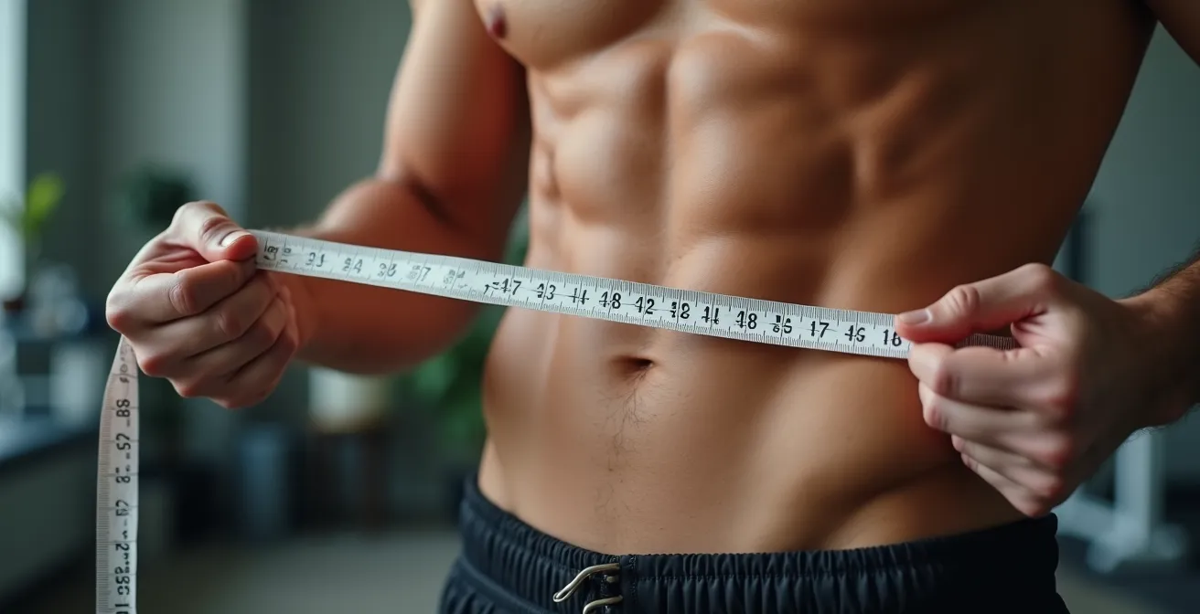 Gros plan sur les mains mesurant la circonférence d'un bras ou taille avec mètre ruban souple dans une ambiance clinique et précise